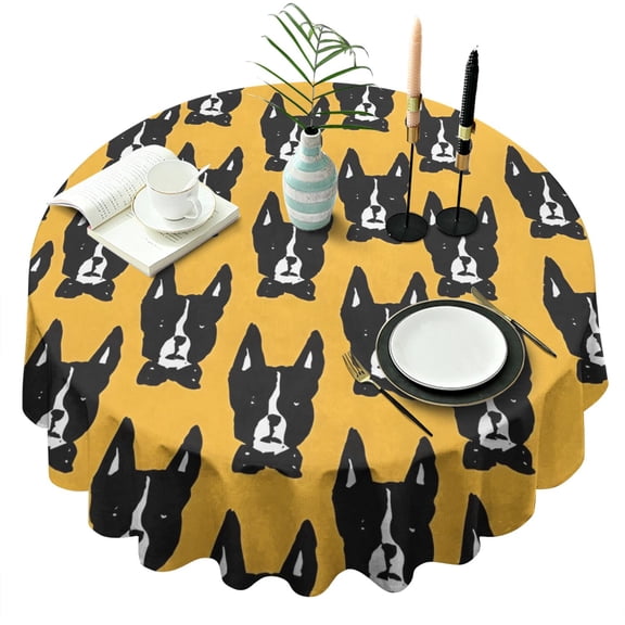 Boston Terrier Round Tablecloth 60"x60",Wrinkle Wipeable Table Cloth for Kitchen Dining Room Picnic Patio Party