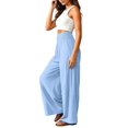 thumbnail image 5 of Women's High Waist Wide Leg Pants, Cotton Linen Flare Leg Palazzo Trousers with Pockets, Elastic Waist Casual Bell Bottom Pants for Daily Wear, Vacation and Boho Chic Outfits Blue XS, 5 of 7