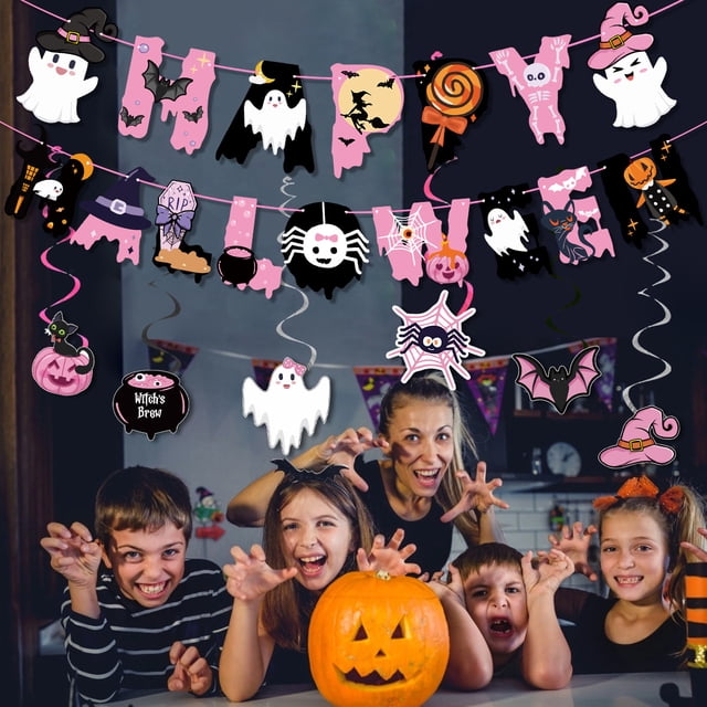 Decoraciones para fiestas de Halloween - Juego de 3 remolinos colgantes de pancartas de color rosa con lindo fantasma, suministros para fiestas temáticas