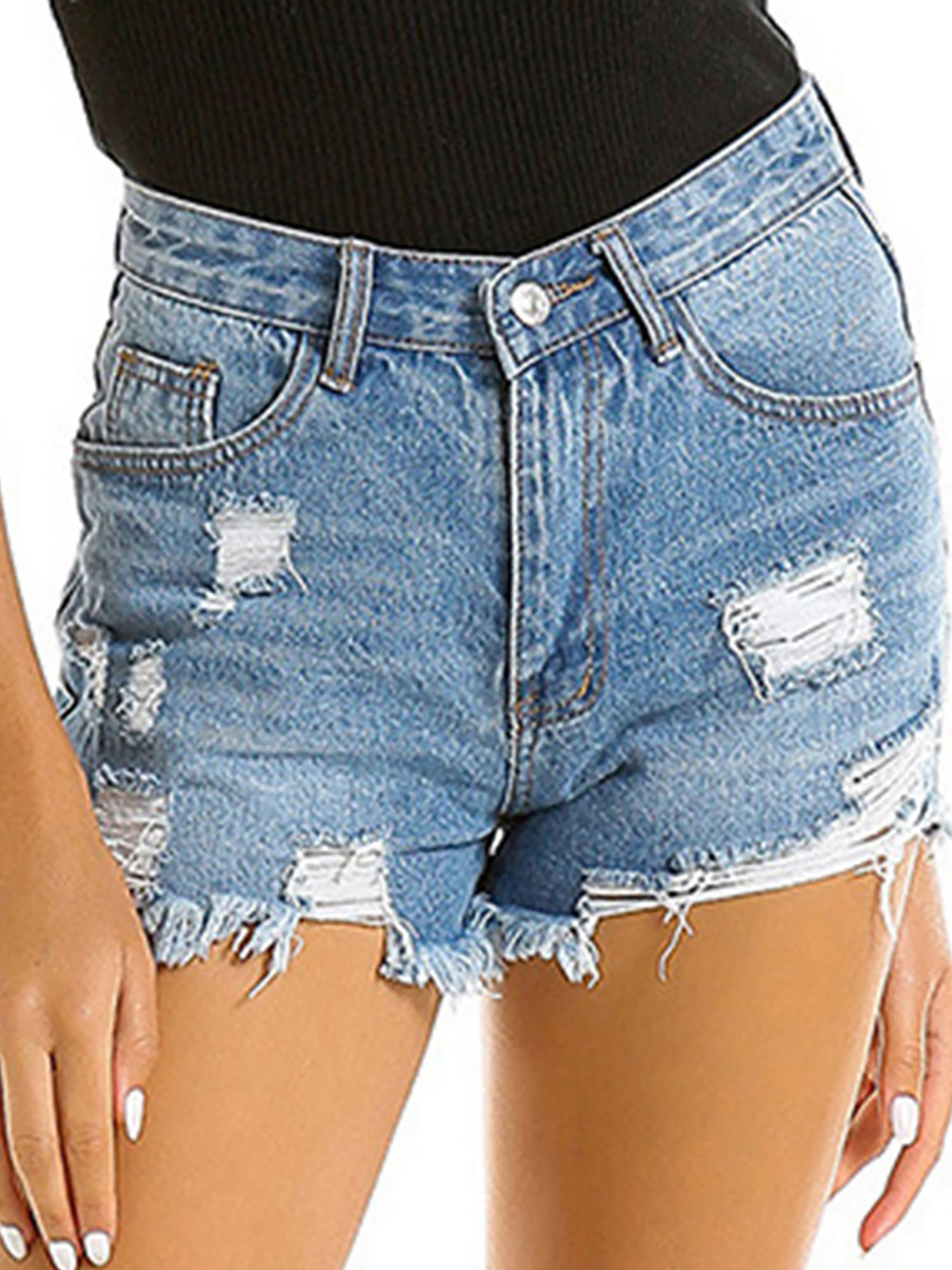 Selfieee Selfieee Women's Ripped Denim Jean Shorts Mid Rise Stretchy Folded Hem Short Jeans