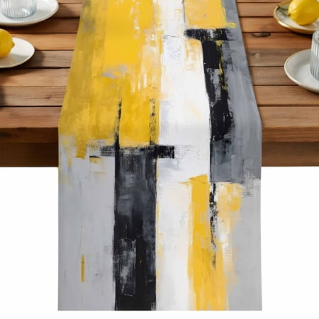 Abstract Mottled Table Runner Retro Yellow Gary Stitching Cotton Linen Table Cloth Tablerunner for Kitchen Dining Party Wedding Home Decor 13x90 Inch