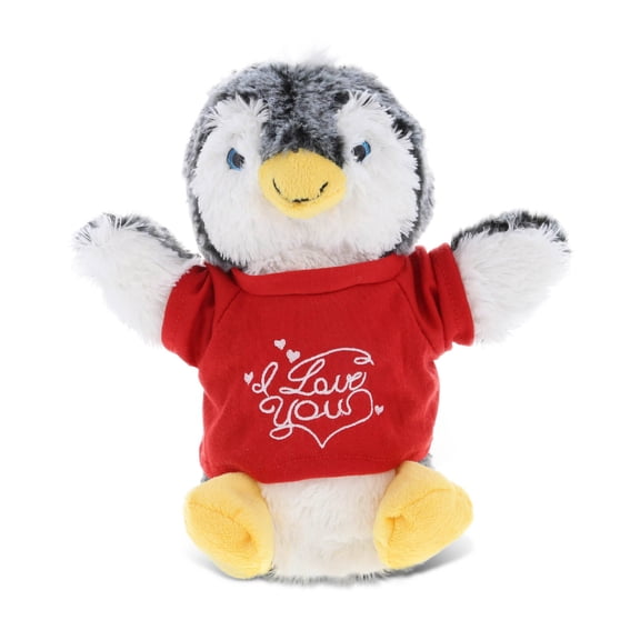 DolliBu I LOVE YOU Super Soft Plush Penguin Hand Puppet - Stuffed Animal with Red Shirt For Valentine, Anniversary, Romantic Date, Cute Wild Life Plush Toy Gift For Boyfriend or Girlfriend - 9"