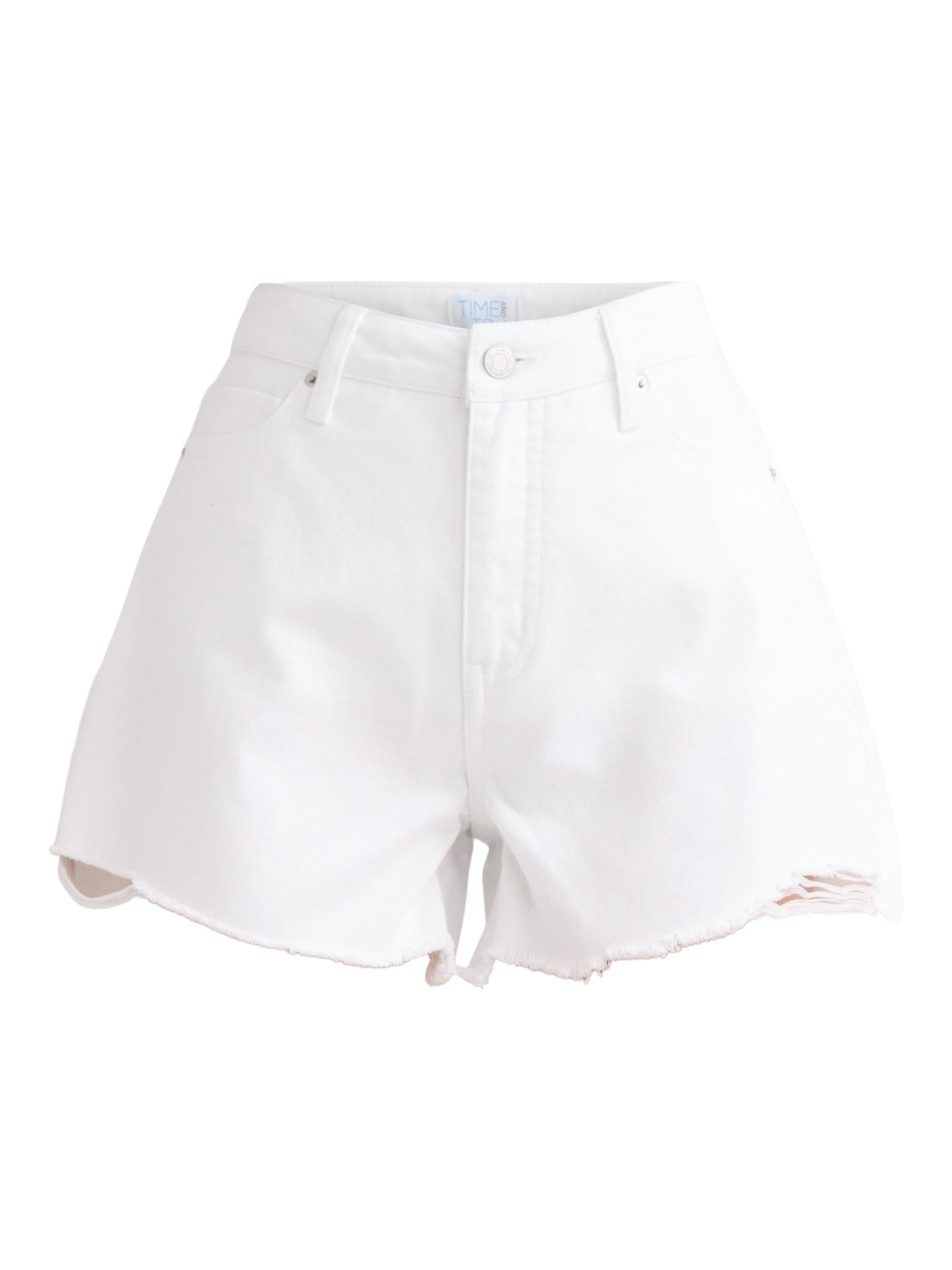 Time and Tru Women's High Rise Destructed Hem Denim Shorts, 4 in Inseam, Sizes 0-20