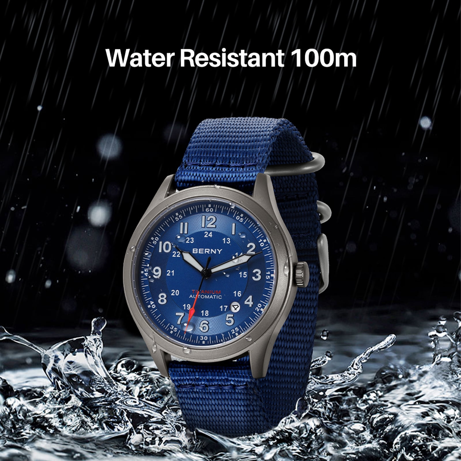 BERNY Automatic Watches for Men Military Sport Nylon Strap Titanium Field Watch with Date Sapphire Crystal Luminous Analog Mechanical Watch 100M Waterproof Army Tactical Casual Wristwatch (Blue)