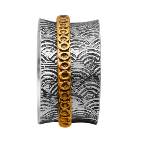 Wide Textured Yellow Band Fidget Meditation 925 Silver Men Women Spinner Ring
