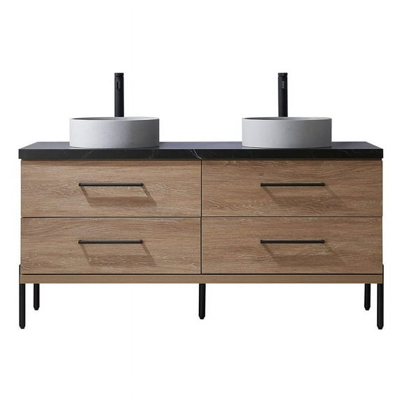 Trento 60" Double Sink Bath Vanity in North American Oak w/ Black Sintered Stone