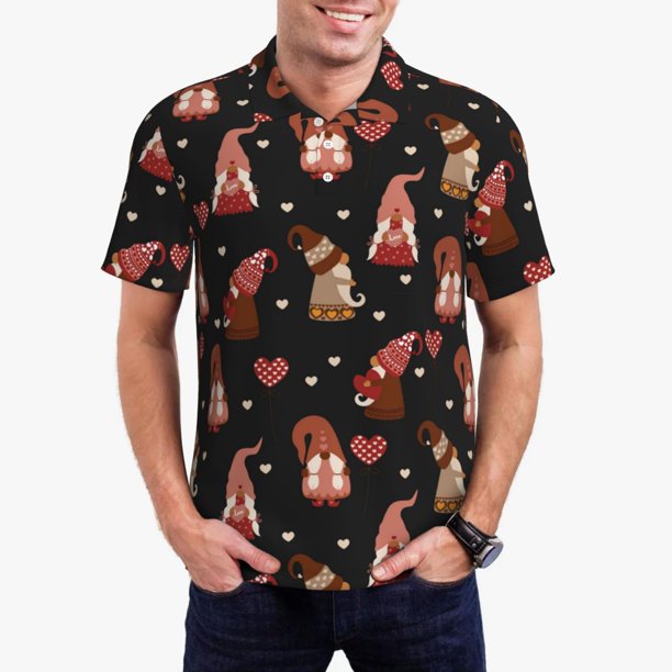 Fotbe Valentine Gnome Camiseta Polo de Golf para Hombre con Estampado – Camisa Deportiva Transpirable con Cuello Abotonado-Large