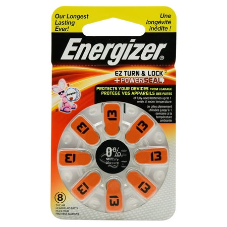 Zinc Air Hearing Aid Batteries Energizer EZ Turn & Lock + Power Seal Zinc Air Hearing Aid Batteries, 1.4V, Mercury-free, Size 13, Pack of 8 ()