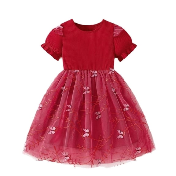 XEGLSBU Girls Dresses 5T/6 Elegant Girls Party Dress with Skirt and Floral Embroidery for Celebration Red Size 4-5 Years