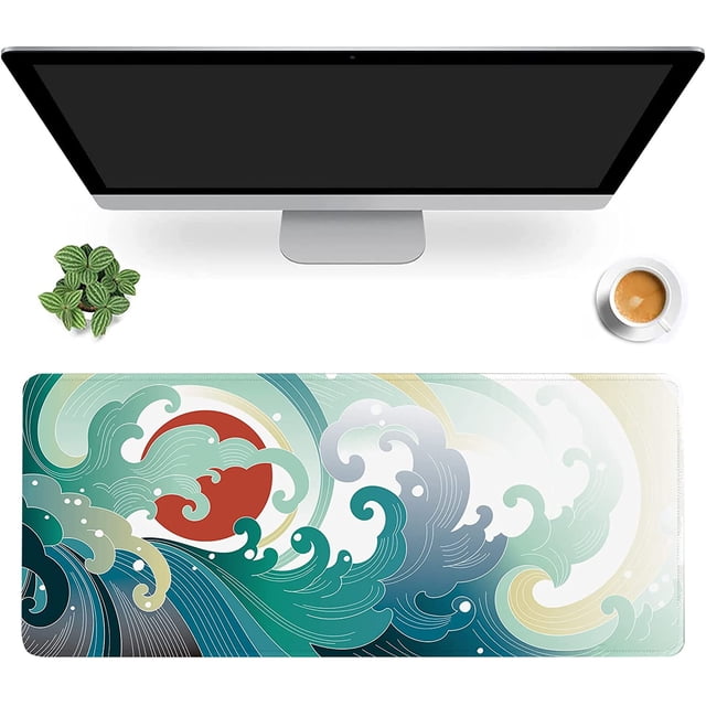 Ocean Wave and Sun Desk Mat,Traditional Japanese Wave Extended Gaming Mouse Pad,Large Non-Slip Rubber Base Mousepad with Stitched Edges,Waterproof Mouse Mat Desk Pad for Office Game Home 35.4x15.75 in