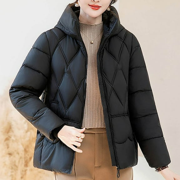 LIBRCLO Jackets for Women Winter Comfort Workout Short Puffer Jackets with Hood Thick Fashion Long Sleeve Zipper Round Neck Solid Color Jackets with Pockets