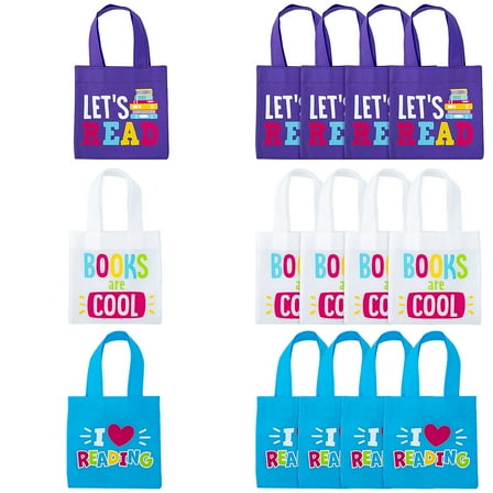 Fun Express 6" x 6" Mini Purple, Blue & White Reading Nonwoven Tote Bags - 12 Pieces