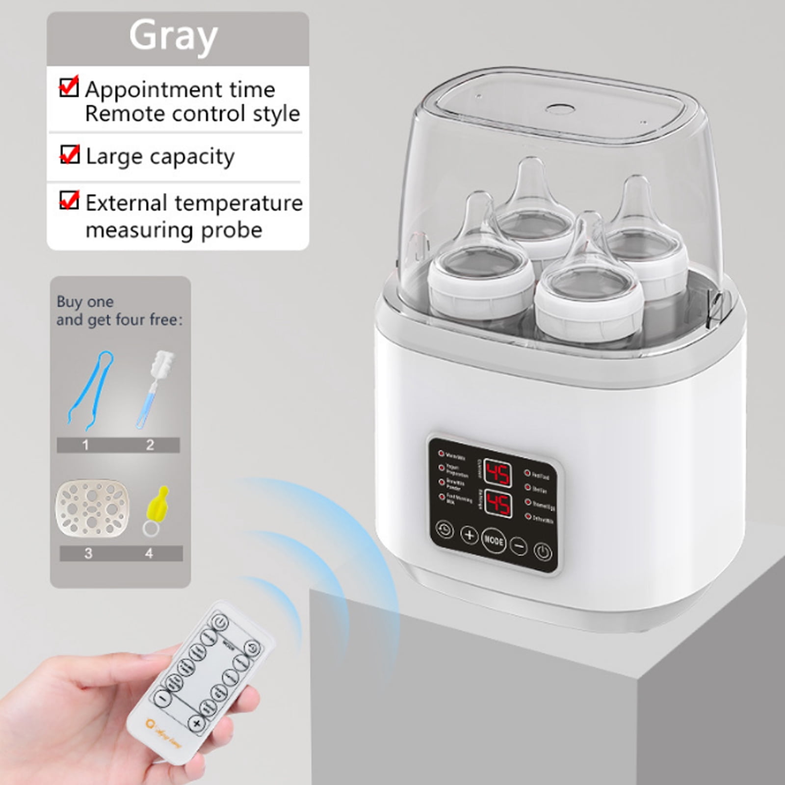 OhhGo Baby Bottle Warmer, 8-in-1 Fast Milk Warmer with Timer Breastmilk and Formula Baby Food Heater, LCD Display Accurate Temperature Adjustment, Baby Food Jars with Remote Fits 4 Bottles, Gray