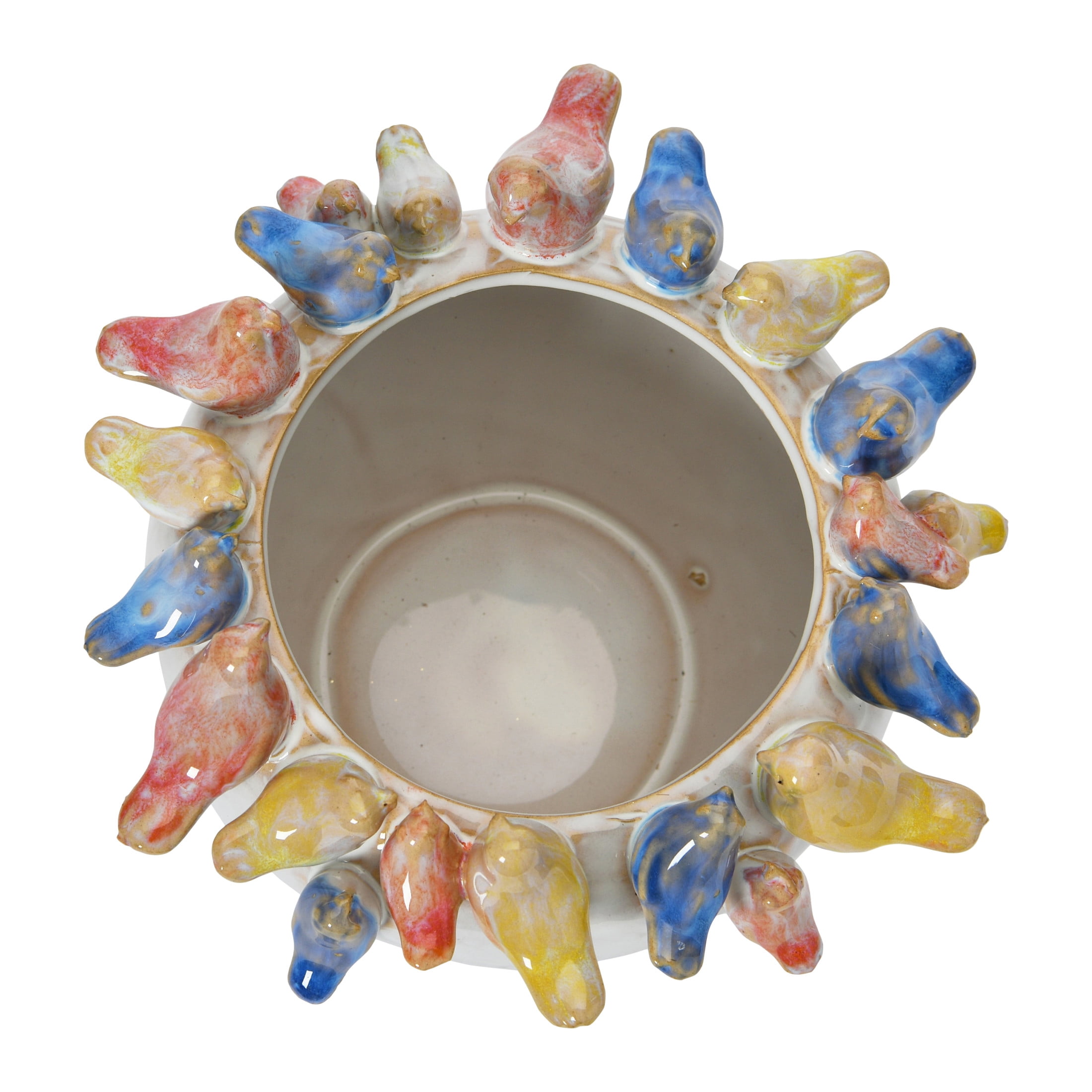 Creative Co-Op Decorative Stoneware Planter with Birds on Rim and Reactive Glaze, Multicolor