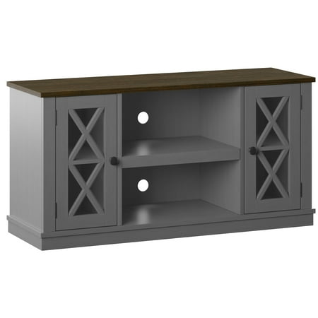 Twin Star Home Modern Farmhouse TV Stand for TVs up to 55 inches with Glass-Front Cabinets in White
