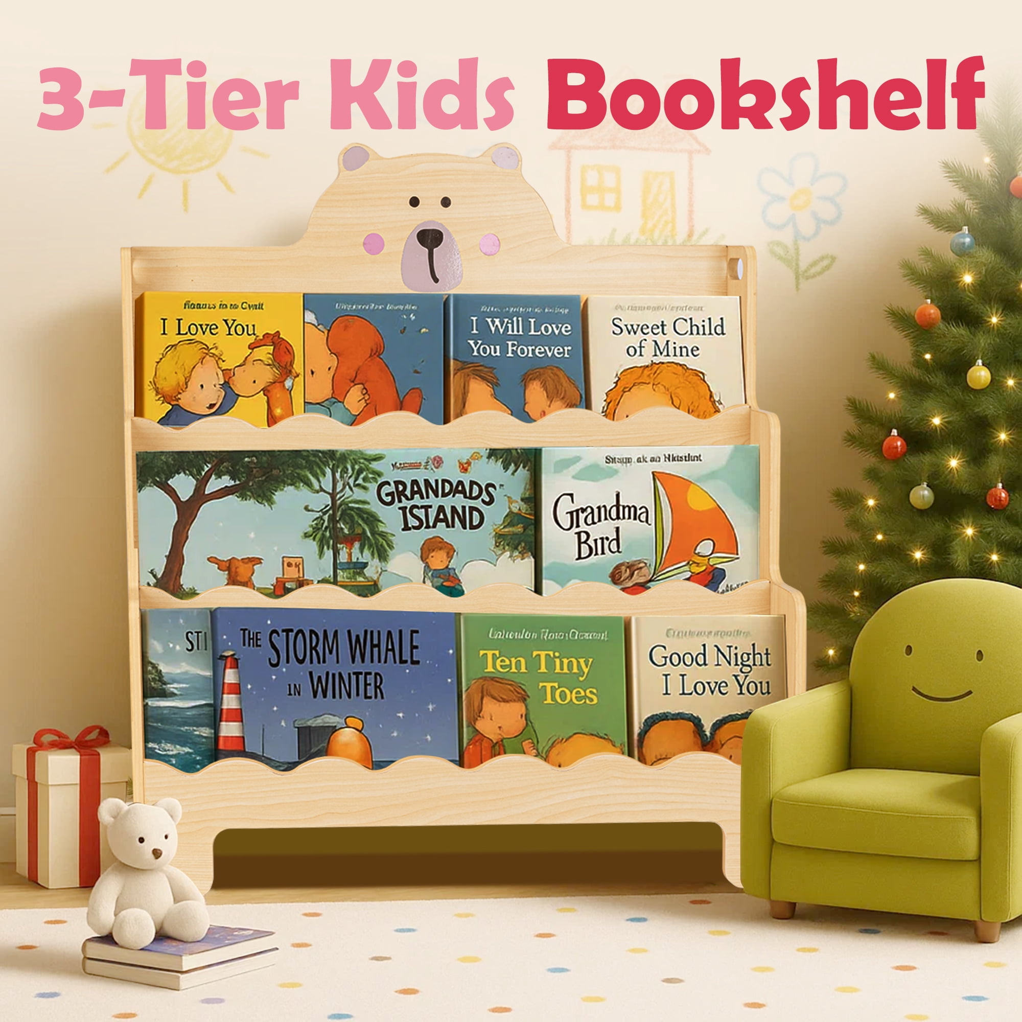 Kids Wooden 3-Tier Bookshelf with Scalloped Edges, Front-Facing Book Display, Montessori Toddler Book Rack & Book Shelves for Kids Room, Nursery, Bedroom, Classroom