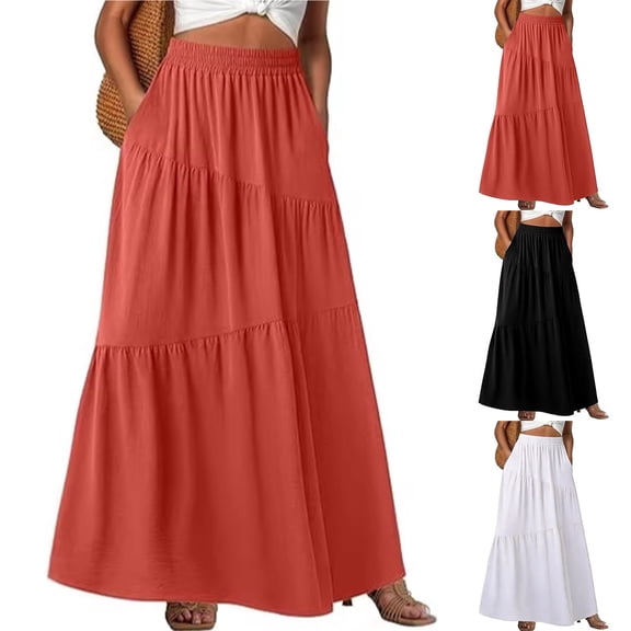 Women's Boho Tiered Maxi Skirt with Smocked Waistband and Ruffled Hemline, Airy Cotton Blend That Swings With Every Step You Take. Black L
