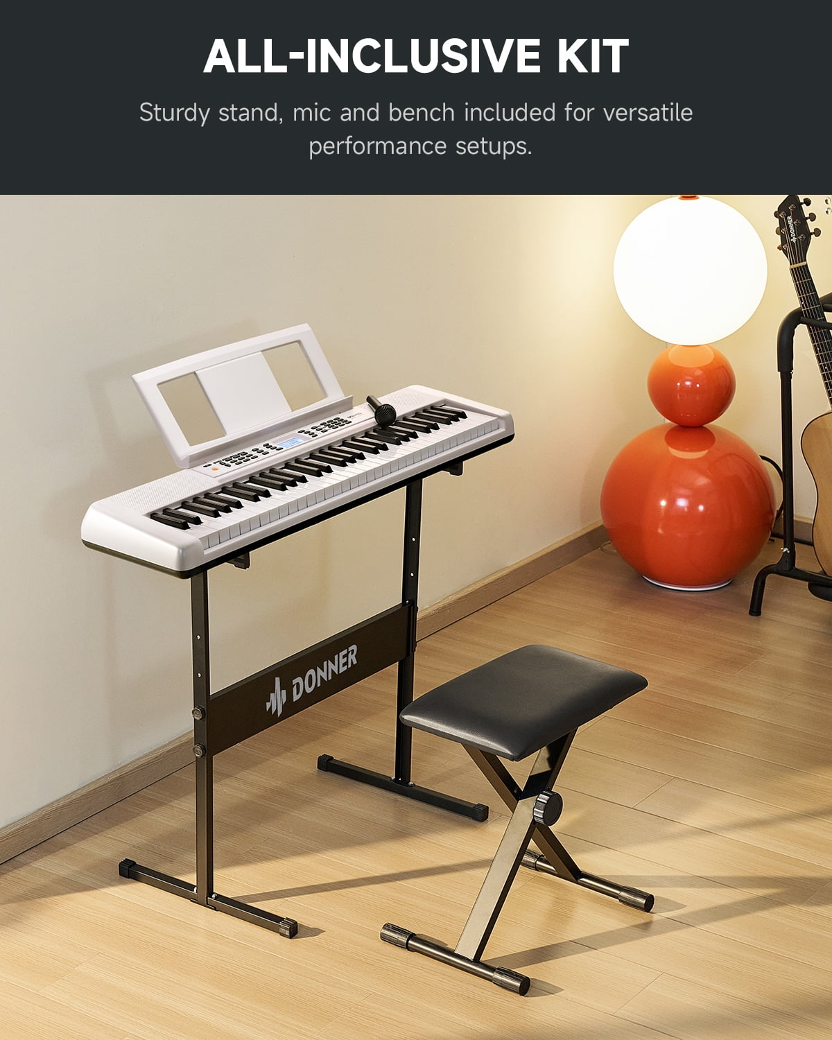 Donner DEK-200 61 Key Electronic Piano Keyboard Set, Auto Accompaniment, Record, Includes 300 Tones, with Stand, Bench, Microphone, White