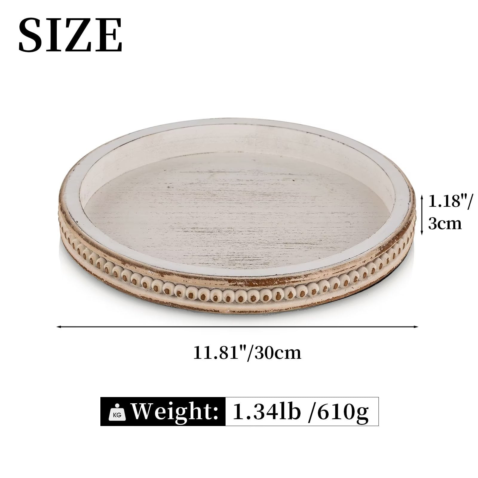 Hanobe Wood Round Tray 11 inch Rustic Decorative Small Tray for Table Decor,Whitewashed, Size: Diam: 11.61, Height: 1.18