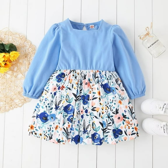 YEEDISON Baby Dress Children's Dress Autumn and Winter Girl's Dress Cotton Flower Print Bubble Sleeve Long Sleeve Party Girl Dress 18M-6Y