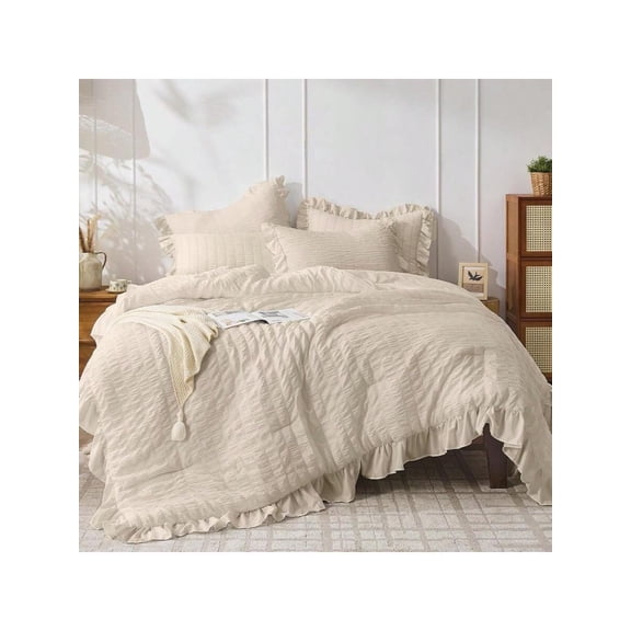 Beige Queen Comforter Set 3 Pieces Seersucker Comforters Queen Size Lightweight Fluffy Bedding Sets Queen For All Season With 1 Ruffle Comforter And 2 Ruffle Pillowshams