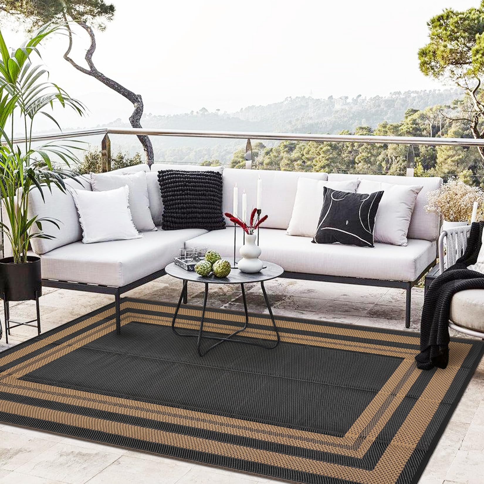 Outdoor Plastic Straw Rug 8x10 Reversible Patio Rug Outdoor Rugs Waterproof Camping Rugs Portable Outside Floor Mat for RV Porch Balcony Patio Camping Picnic Beach Black/Brown Panel