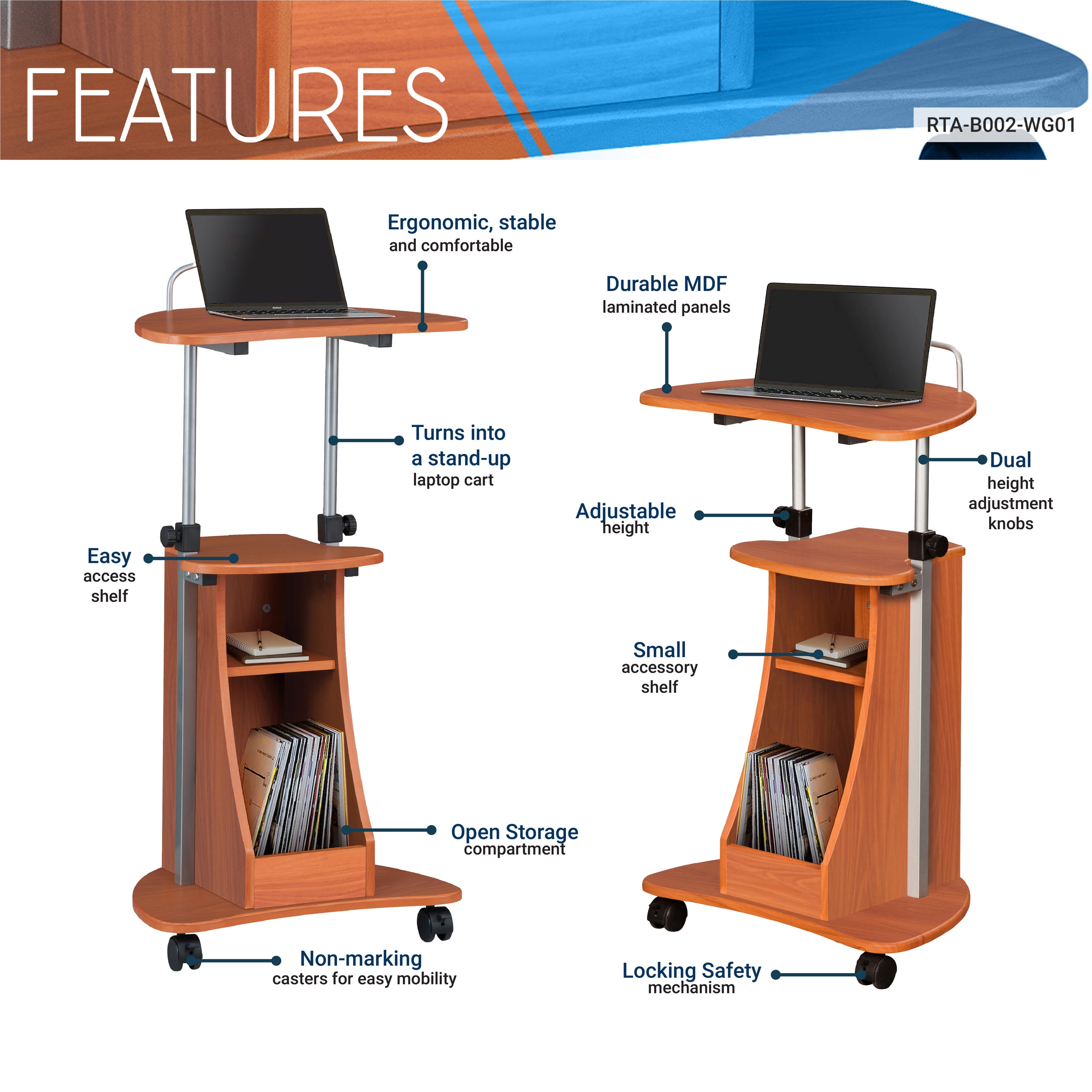 Techni Mobili Sit-to-Stand Rolling Adjustable Height Laptop Cart With Storage, Woodgrain RTA-B002-WG01