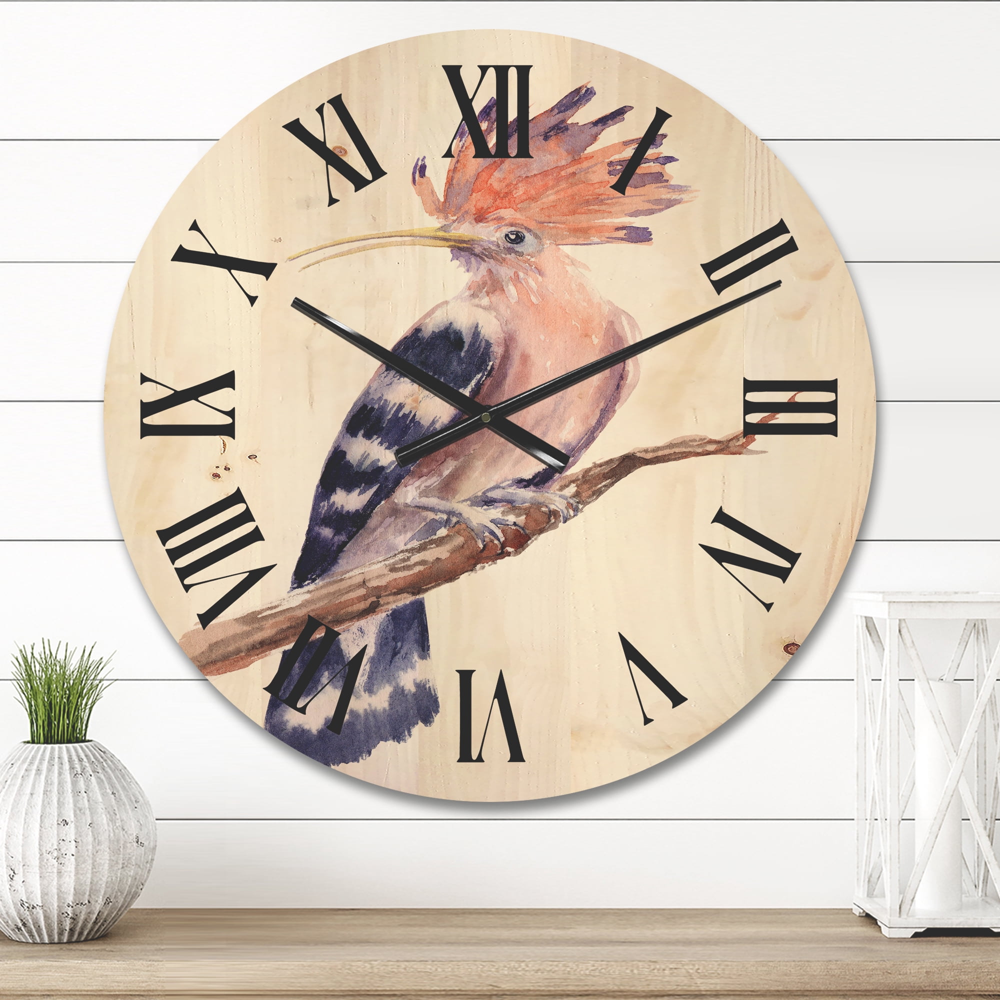 Designart 'Ancient Hoopoe Bird On A Branch' Traditional Wood Wall Clock
