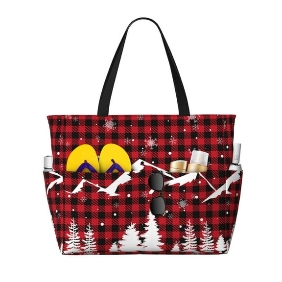 Kuqiui Christmas Tree Buffalo Plaid Print Beach Pool Bags Tote for Women Ladies Large Gym Tote Carry On Bag for Weekender Travel Waterproof