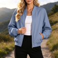 thumbnail image 5 of ZunFeo Womens Bomber Jacket Relaxed Fit Nylon Cropped Lightweight Water Resistant Zip Up with Pockets Light Blue,Size XL, 5 of 9