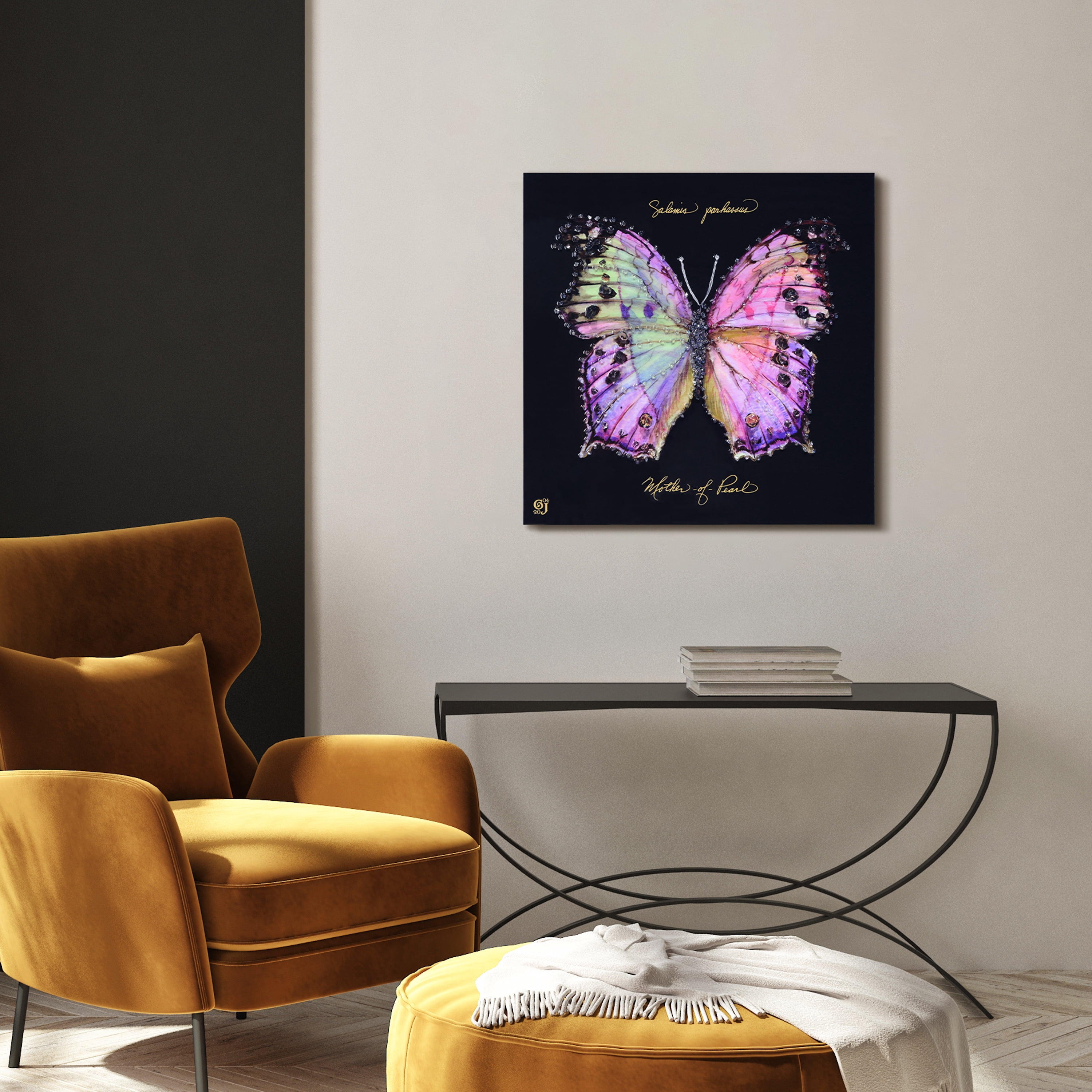 "Monarch Elegance Set" Crystallus Epoxy Coated Wrapped Glossy Butterfly Canvas Wall Art with Heavy Acrylic Crystal Shards Embellishments, Gold Foil Accents
