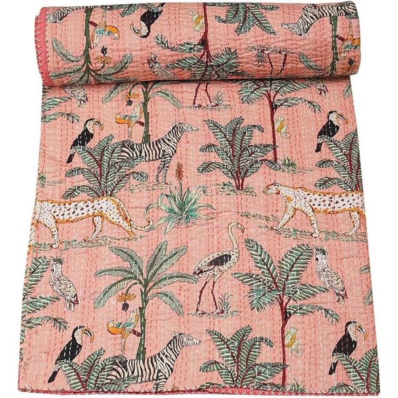 Indian Traditional Pure Cotton Jungle Print Kantha Quilt, Bed Cover Throw Animal Printed Kantha Quilts Multi Color