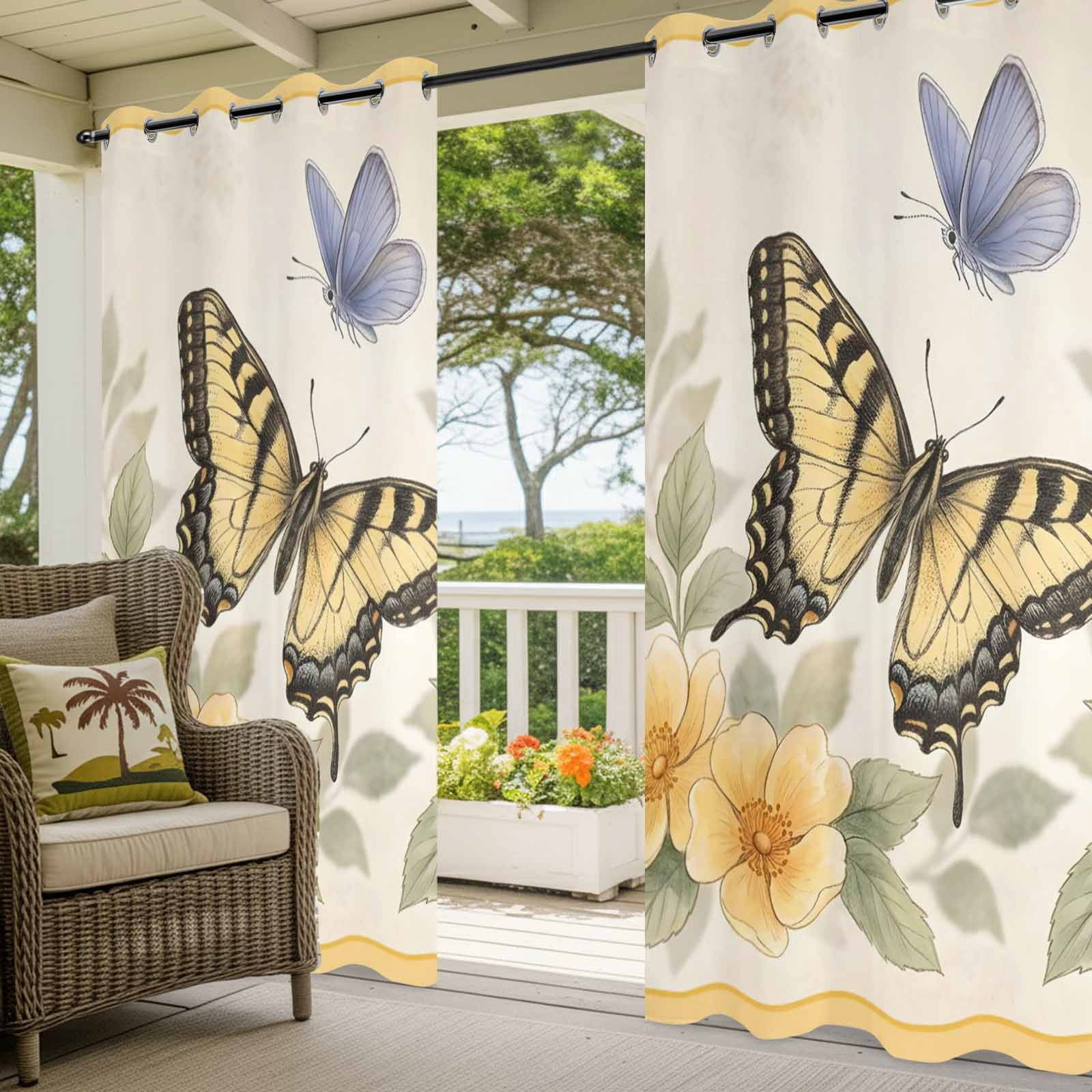 Yellow Flower Outdoor Curtains for Patio, Blue Butterfly Watercolor Green Leaf Spring Sunshade Privacy Drapes Grommet Waterproof Outside Curtains for Porch/Cabana/Balcony 54"x 108", 1 Panel
