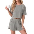 thumbnail image 3 of MINTREUS Womens Pajama Sets Striped Print Crew Neck Short Sleeve Tee and Side Split Shorts Lounge Set Cute Pj Sets, 3 of 7