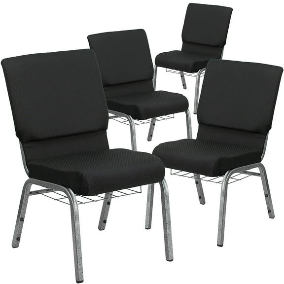 Flash Furniture 4 Pk. 18.5''W Church Chair in Black Patterned Fabric with Cup Book Rack - Silver Vein Frame
