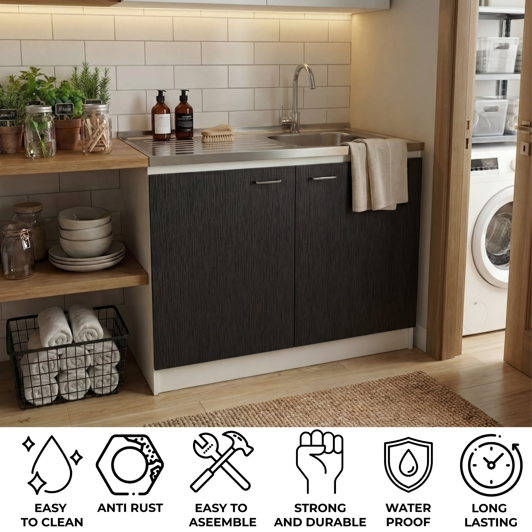 TUHOME Napoles 39" Utility Sink with Cabinet, Stainless Steel Laundry Sink