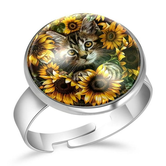 PhooArto Sunflowers Cat Kitten Stainless Steel Rings for Women, Open Adjustable Ring Promise Ring Jewelry Gifts