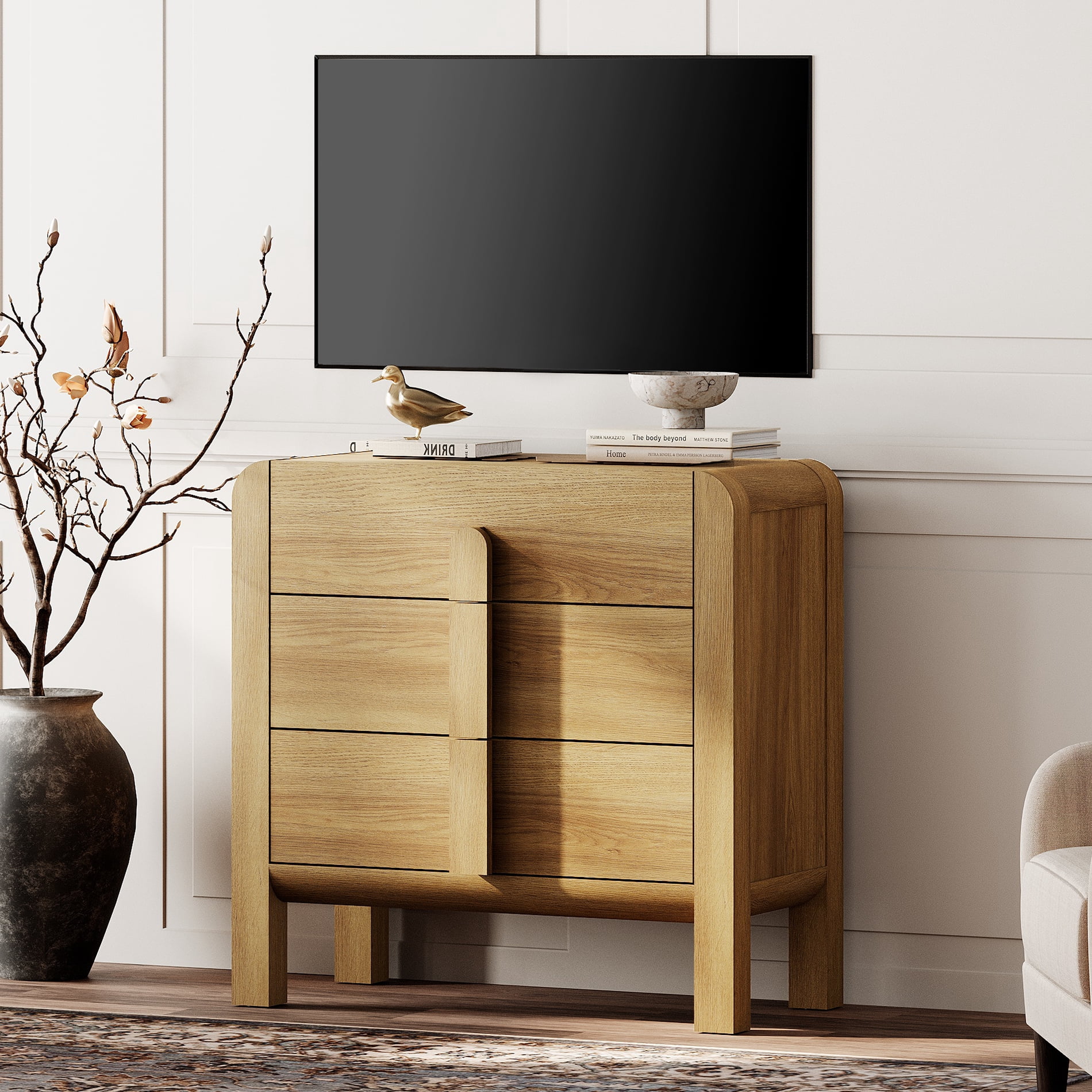 Modern Wood 3-Drawer Dresser with Curved Profile Design, Mid Century Dresser Organizer Storage for Bedroom,Living room, Entryway