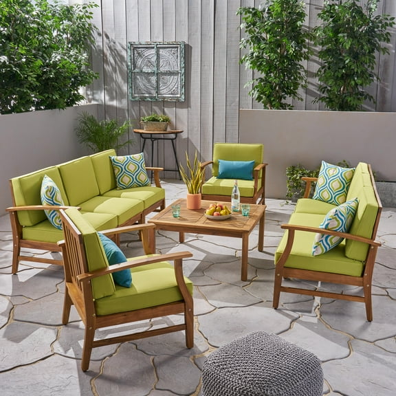 Mavis Outdoor 8 Seat Acacia Wood Sofa and Table Set, Green, Teak