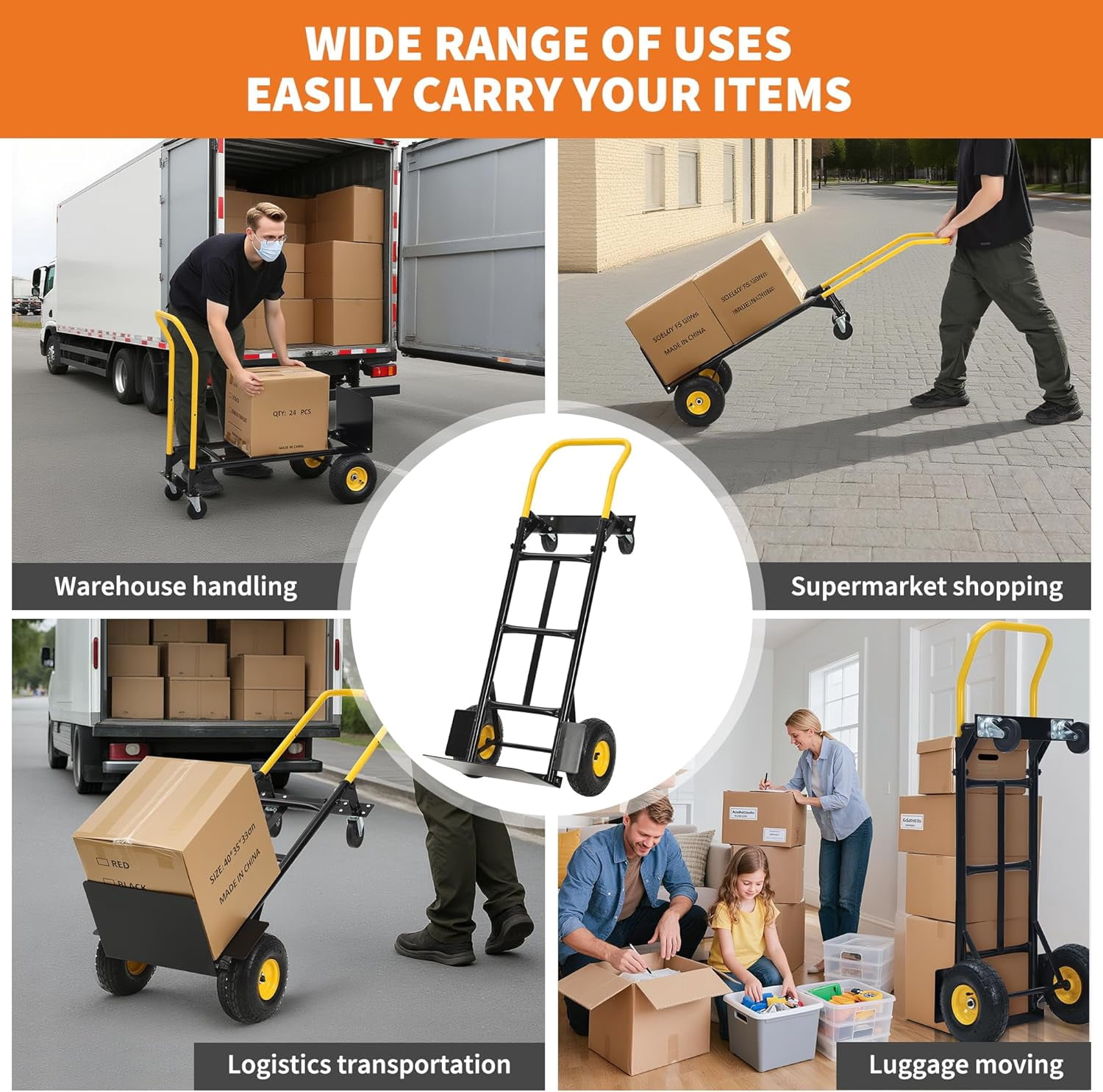 Mescukay 800 lbs Hand Truck, 4-Wheel Platform Truck & 2-Wheel Dolly, with 8" EVA Tires, Easy-Slide Handle for Warehouse, Moving, Garden, Industrial Use