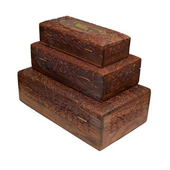 OM SHRI OM Set of 3 Handmade Wood Storage Jewelry Boxes Organizer Indian Artisans Handcrafted 3 Sizes Large Medium Small