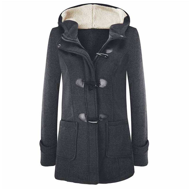 Women Hooded Jacket Duffle Coat Buckle 