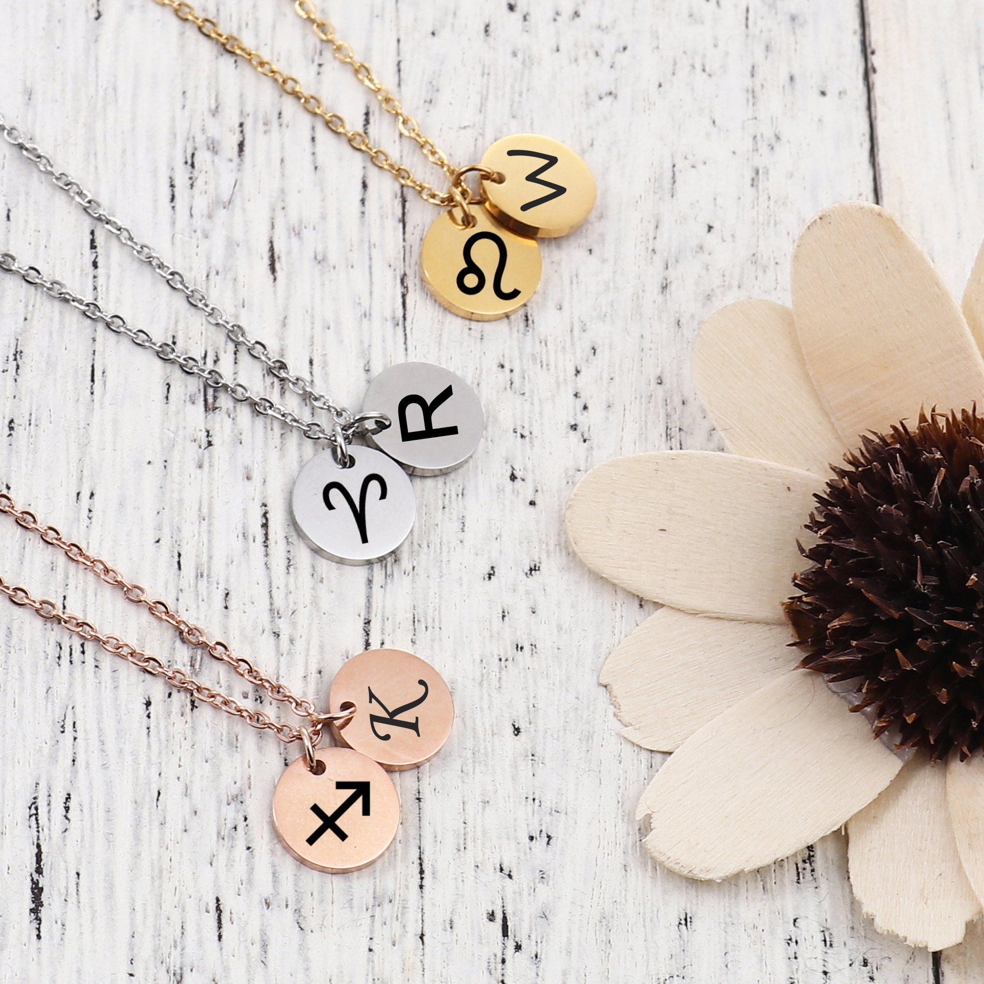 Anavia Stainless Steel Round Constellation Necklace Zodiac Symbol Pendant / Initial Pendant 18 inch