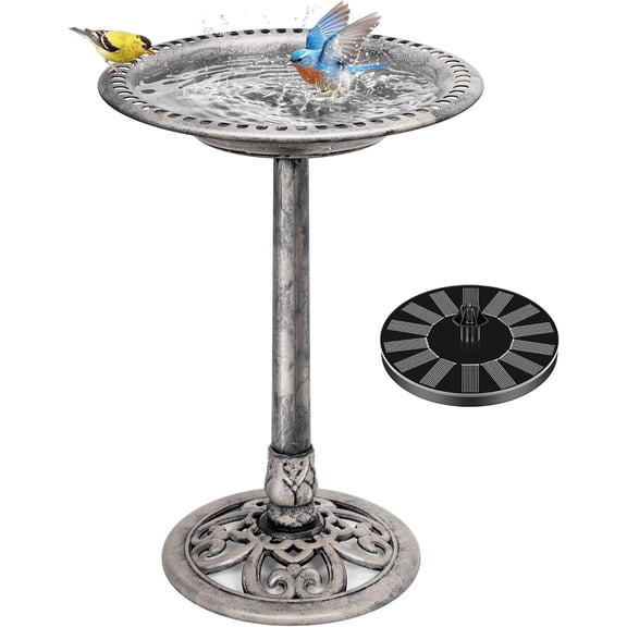 SPECSTAR Bird Bath, Polyresin Antique Outdoor Gray Garden Birdbath and Solar Powered Round Pond Fountain Combo Set