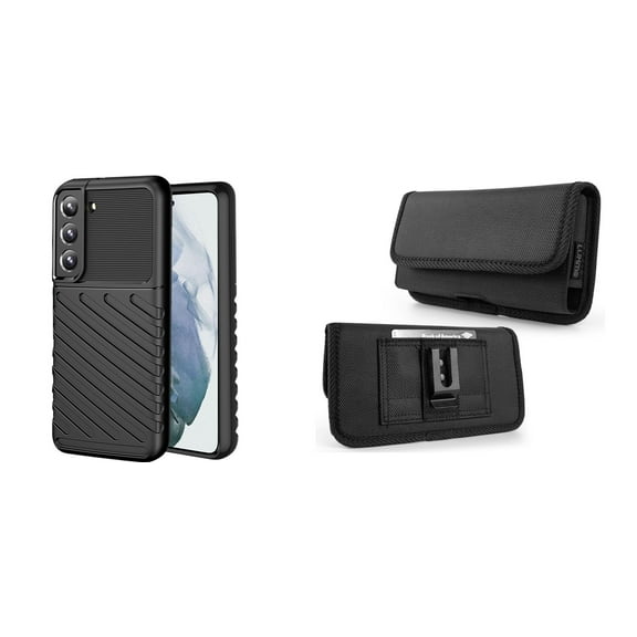 Bemz Shockproof [3.5mm Thick] Rugged Protection Case (Black) Bundled with Rugged Nylon Belt Holster Phone Carrying Pouch (Horizontal) for Samsung Galaxy S22