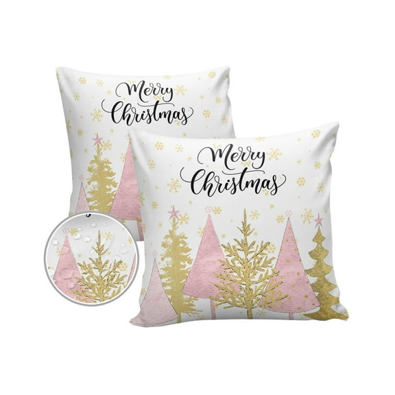Pack of 2 Outdoor Pillow Covers, Pink Gold Christmas Tree Winter Snowflake Waterproof Square Throw Pillowcase Cushion Decorative Pillow Covers for Couch Patio Tent, 16x16 in
