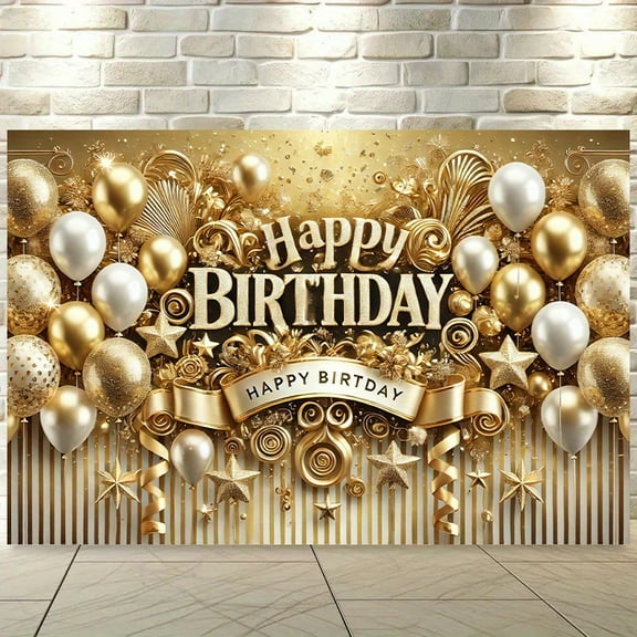 Golden Happy Birthday Celebration Backdrop Gold Photography Background for Women Men Glitter Star and Balloon Banner for Birthday Table Wall Decoration Party Supplies