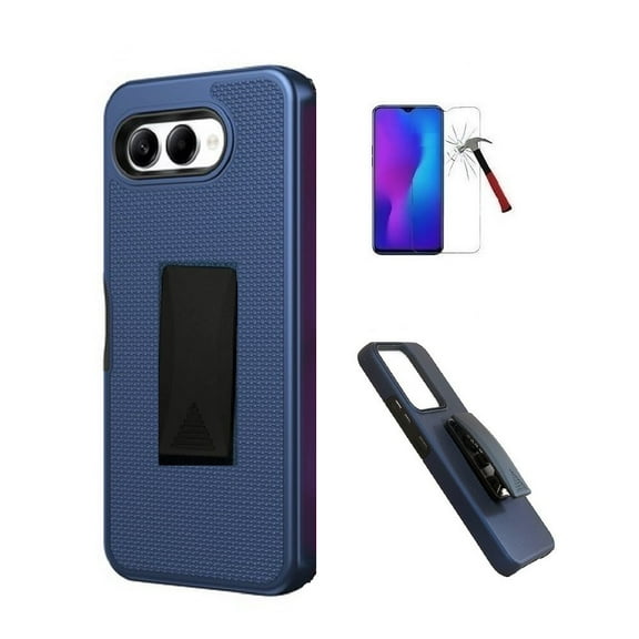 Phone Case for T-Mobile REVVL 8 5G, Blue Dual Layer Shockproof 360-Degree Rotating Belt Clip Case Cover with Kickstand   Tempered Glass