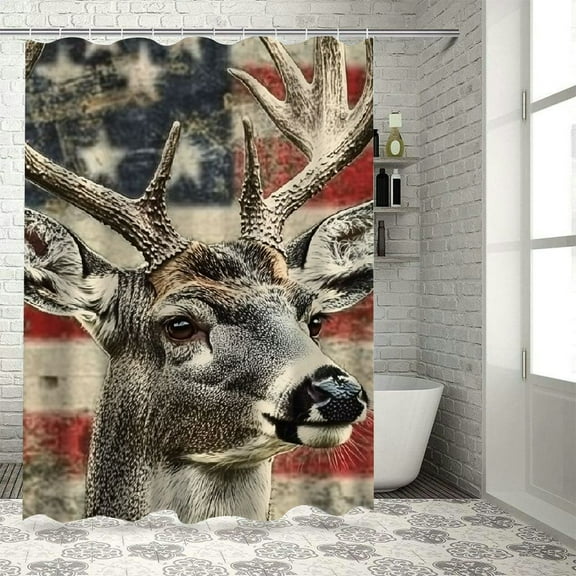 Autua Deer Antlers American Flag Chic Modern Bathroom Decor Shower Curtain with Hooks 36"x72