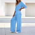 thumbnail image 5 of Bloomae Women's Loungewear Set 2 Piece Cotton Linen V Neck Long Sleeve Shirt & Wide Leg Pants with Pockets Lightweight Casual Solid Color Loose Fit Summer Outfit Light Blue XL, 5 of 7